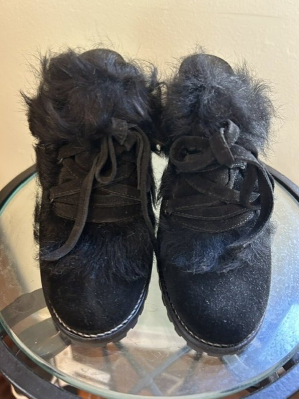 Coach black suede shoes with fur trim; slip on/mule style